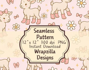 Kawaii Baby Goat Seamless Pattern: Pink Farm Animal Fabric (Digital Download)