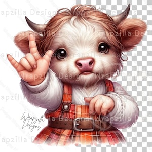 Fall Highland Cowgirl ASL I Love You Clipart, Country Cow Sign Language Clipart, Raccoon in Overalls, Girl Highland Cow ASL, Heifer