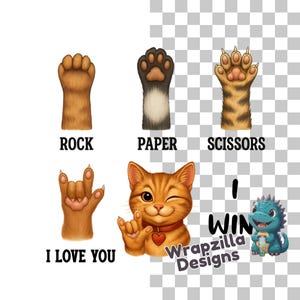 Stein Papier Schere Ich liebe dich Katzenpfoten Clipart, süße Zwinkernde Katze mit ASL Handzeichen PNG, lustige digitale Haustierpfoten, Gebärdensprache Clip Art