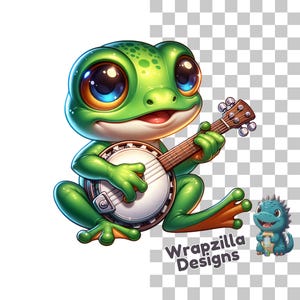 Zabawna żaba banjo Clipart PNG, Kreskówkowa żaba grająca na banjo Sztuka cyfrowa, Uroczy projekt sublimacji muzycznej, Fantazyjne zwierzęce pobieranie cyfrowe