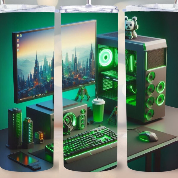 Computer Tumbler Wrap Gamer PC Art 20oz Skinny Sublimation Design Straight Tapered PNG Instant Download Gamer 9.3"x8.2" Green