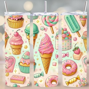 Sweet Treats Tumbler Wrap: Pastel Ice Cream & Candy Design (PNG Digital Download)