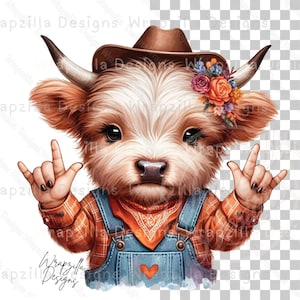 Fall Highland Cow ASL I Love You Clipart, Country Cow Sign Language Clipart, Cow in Overalls, Farmer Highland Cow ASL