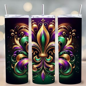 Mardi Gras Fleur De Lis Tumbler PNG, Design de Sublimação de Nova Orleans, Envoltório de Copo Skinny de 20oz, Download Digital Dourado Roxo Verde