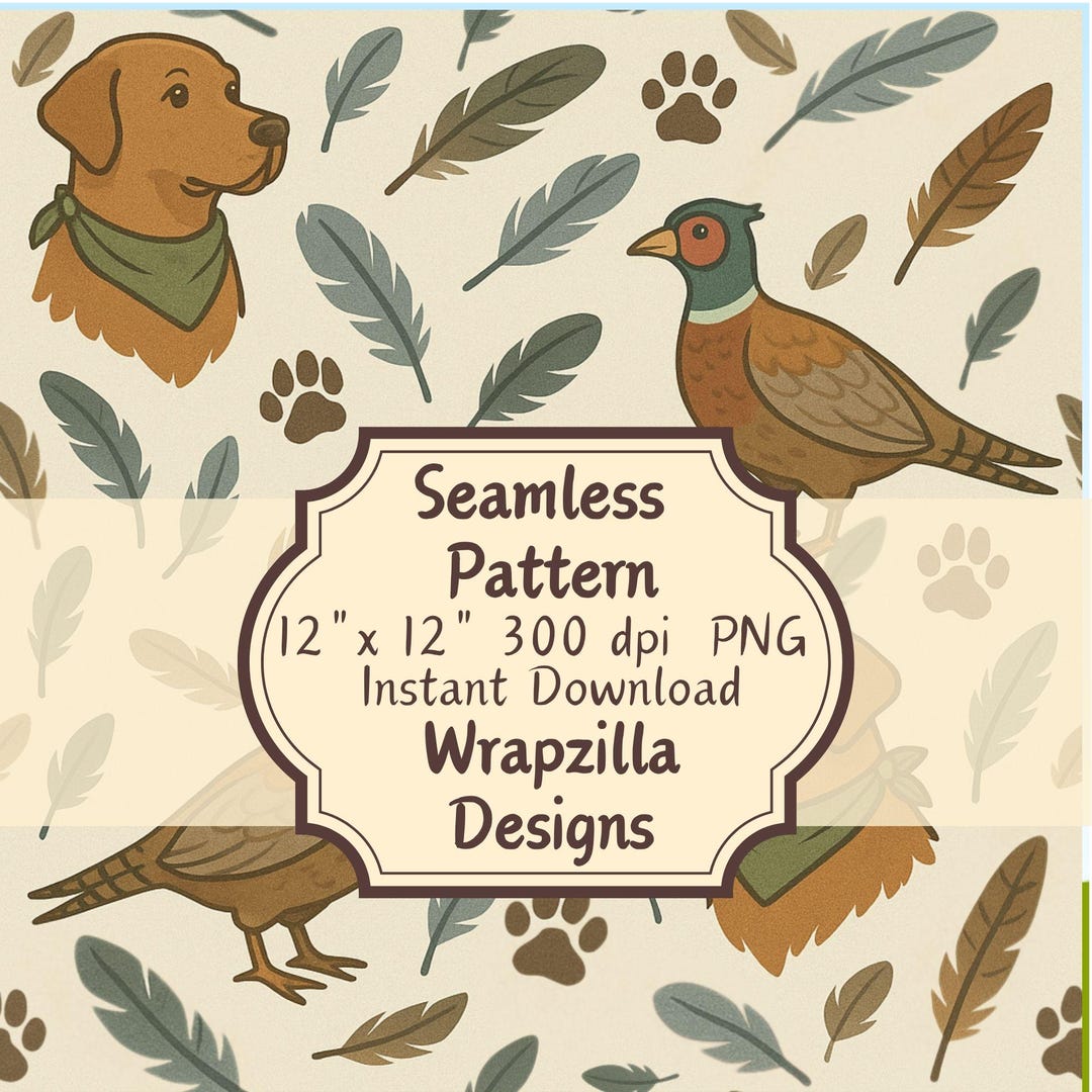 Hunting Dogs Patterns Hunting Dog Seamless Pattern: Pheasant, Feather, Paw Print (PNG Digital ...