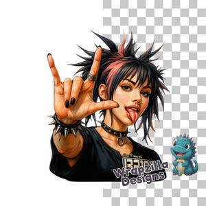 Punk-Rock-Mädchen Clipart PNG, ASL I Love You Handzeichen Kunst, Rocker-Küken mit Spikes und Haltung, Gebärdensprache digitaler Download