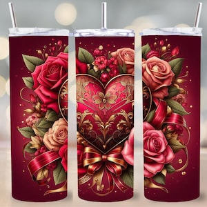 Valentijnsdag hart Tumbler Wrap PNG voor sublimatie – 20 oz Skinny Tumbler digitaal bestand, ontwerp romantische rozen