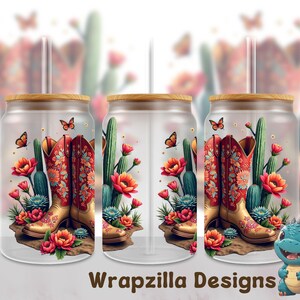 Bottes de cow-girl western 16 oz en verre peut envelopper PNG, motif sublimation floral cactus, verre dépoli pays du sud-ouest, compatible UV-DTF