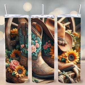 Tumbler Wrap in stile rustico western PNG, stivali in pelle lavorata e girasoli, sublimazione country cowgirl, design skinny tumbler wrap da 20 oz