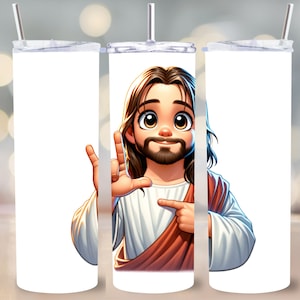 ASL Tumbler Wrap American Sign Language Kids' Cartoon Jesus ily 20oz Skinny Sublimation Design PNG Instant Download I Love You Deaf Christ