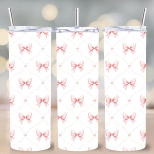 Coquette roze strik beker wrap png, vrouwelijk roosterpatroon voor 20 oz magere bekers, digitaal sublimatieontwerp, pastelkleurige strikken