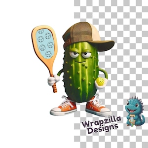 Pickleball Pickle Clipart PNG, Funny Sports Character Digital Download, Cartoon Pickle with Paddle Sublimation Design for Crafts