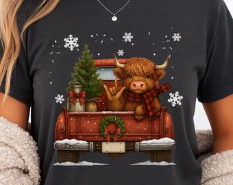 Highland Cow Christmas Truck Clipart: ASL ILY Hand Sign (PNG)