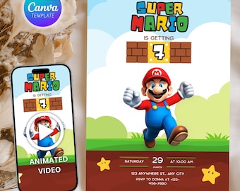 Super Mario Birthday Invitation, Editable Canva Template (Digital)
