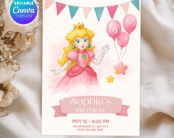 Princess Peach verjaardagsuitnodiging, aquarel feestuitnodiging (canvasjabloon)