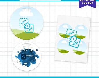 Round Luggage Tag Template, Canva Drag and Drop, PSD Mockup (Digital Download)