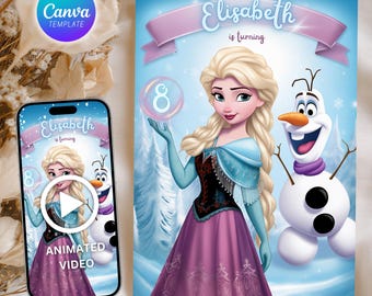 Editable Frozen Birthday Invitation, Elsa Winter Party (Canva Template)