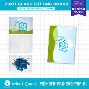 May include: A mockup of a 7.9 x 11 inch glass cutting board template with a blue and green design. The template includes a drag and drop area for adding text or images. The template is available in PSD, DFX, PNG, SVG, PDF, and AI formats.