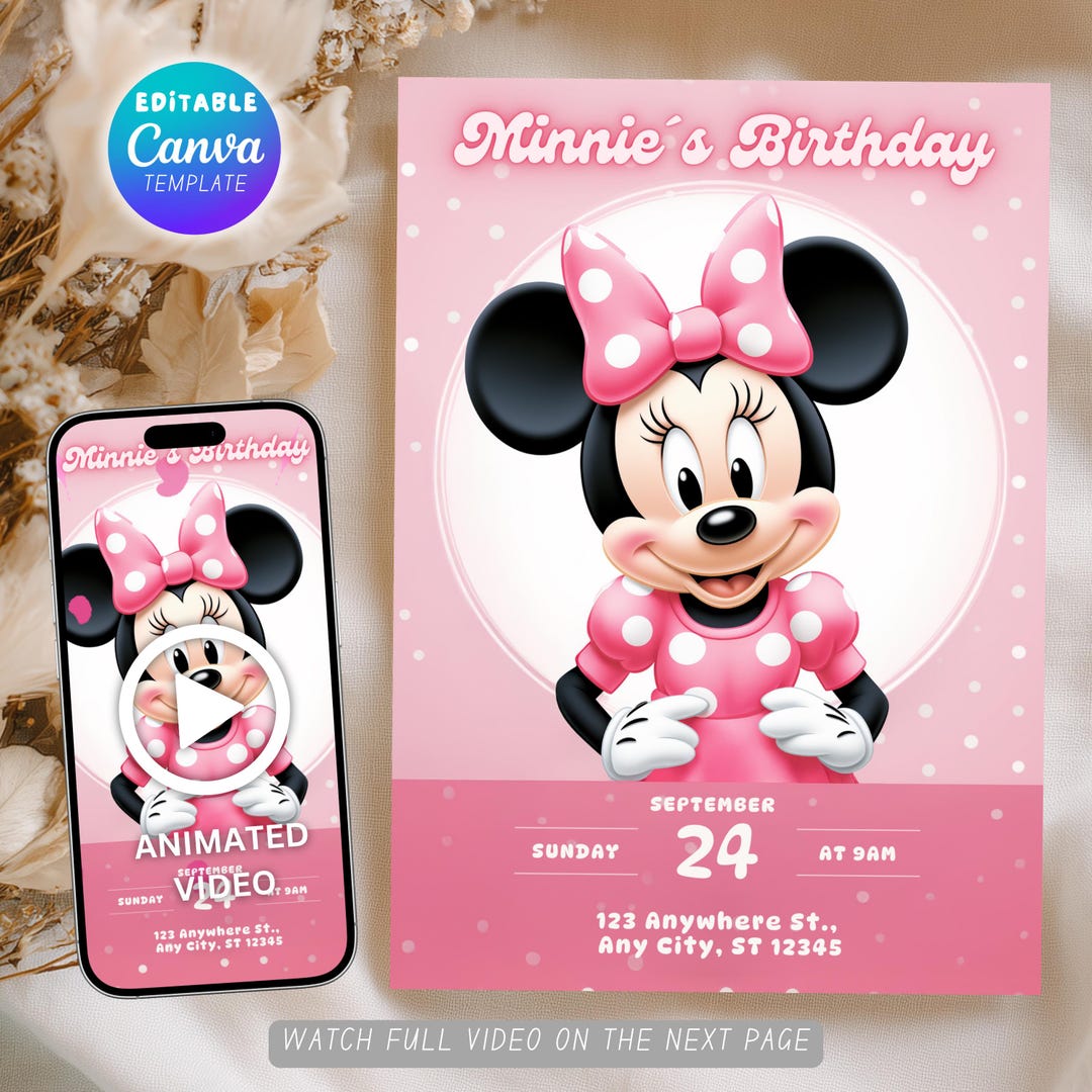 Editable Pink Minnie Mouse Birthday Invitation, Printable Invitation ...