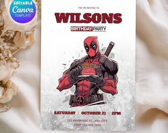Könnte beinhalten: Weiße Einladungsvorlage mit einer Deadpool-Illustration, die eine Geburtstagstorte hält. Der Text lautet "You're invited to Wilsons Birthday Party" mit Veranstaltungsdetails: Samstag, 21. Oktober, 14:00 Uhr und RSVP-Informationen.