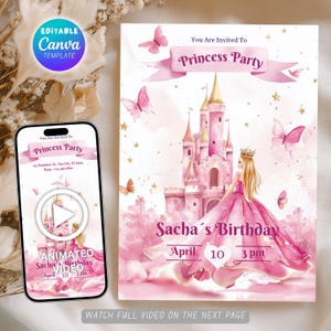 Invitación de cumpleaños de princesa, invitación para fiesta de cumpleaños de princesa, plantilla editable de invitación para fiesta de princesa rosa, video invitación animada