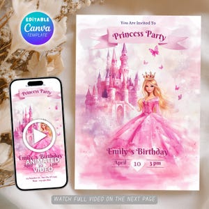 Invitación de cumpleaños de princesa, invitación para fiesta de cumpleaños de princesa, plantilla editable de invitación para fiesta de princesa rosa, video invitación animada