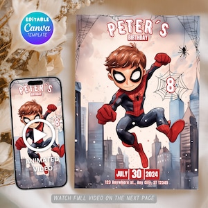 Editable Spidey Birthday Party Invitation, Superhero Birthday Invite Canva Template, Animated Invitation, Kids Birthday Card, Boys Birthday