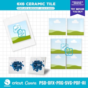 May include: A mockup of six 6x6 inch ceramic tiles. Four tiles feature a landscape scene with green hills, a blue sky, and white clouds. One tile has a blue watercolour splatter. The last tile has a blue icon with the words "Drag & Drop".