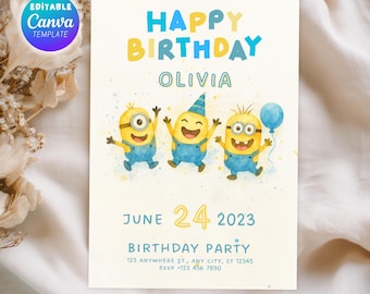 Watercolor Minions Birthday Invitation, Editable Kids Party Invite (Digital)