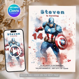 Captain America Birthday Invitation watercolor Editable Canva Template Captain America digital instant download Avengers Superhero