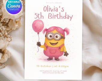 Pink Minion Birthday Invitation, Girl Birthday Party, Editable CANVA (PDF)