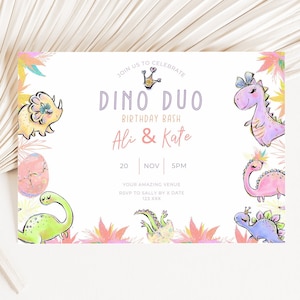 Cute sibling birthday dinosaur invitation, Dinosaur Birthday, two Rex, editable canva template, digital evite, girl party pink, t-rex, twins