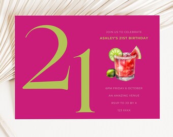 pink green modern minimalist 21st invite, Instant Download, editable canva template, twenty one, invitation, for her, retro, digital evite