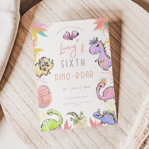 Cute girl dino 6th birthday invite, Dinosaur Birthday, six Rex, editable canva template, digital evite, pink, sixth, t-rex, safari, 6-rex