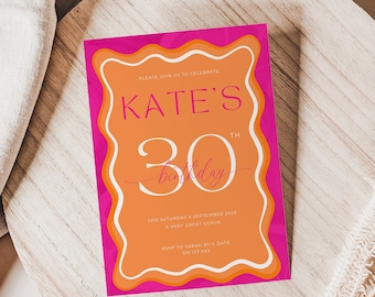 wave invitation template, 30th birthday invite, modern, hot pink curve frame, milestone, editable canva template, digital evite, printable