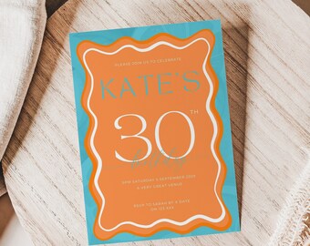 wave invitation template, 30th birthday invite, modern, hot pink curve frame, milestone, editable canva template, digital evite, printable