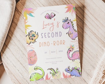 Zaproszenie na drugie urodziny słodkiej dziewczynki z dinozaurem, urodziny dinozaura, dwa Rexy, edytowalny szablon Canva, cyfrowe zaproszenie, różowy, drugi, T-rex, trzy Rexy,