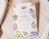 Cute girl dino 3rd birthday invite, Dinosaur Birthday, Three Rex, editable canva template, digital evite, pink, third, t-rex, three-rex,
