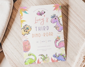 Cute girl dino 3rd birthday invite, Dinosaur Birthday, Three Rex, editable canva template, digital evite, pink, third, t-rex, three-rex,