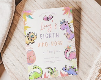 Linda invitación para octavo cumpleaños de niña dinosaurio, cumpleaños de dinosaurio, ocho Rex, plantilla de Canva editable, Evite digital, rosa, octavo, T-Rex, fiesta de safari