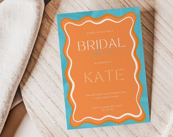 wave invitation template, Wavy Edge, bachelorette, bridal shower, birthday, engagement, editable, blue orange, wavy invite, wavy edge,