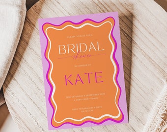 wave invitation template, Wavy Edge, bachelorette, bridal shower, birthday, engagement, editable, PURPLE orange, wavy invite, wavy edge,