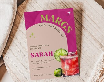 May include: Pink and peach invitation with the text "MARGS AND MATRIMONY" in green and yellow letters. The invitation also includes the text "PLEASE JOIN US TO CELEBRATE SARAH SATURDAY 5 SEPT 2:30PM A GREAT VENUE, CITY RSVP TO SARAH BY X DATE ON MARGSANDMATRIMONY.COM".