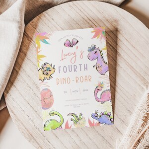 Cute girl dino 4th birthday invite, Dinosaur Birthday, four Rex, editable canva template, digital evite, pink, t-rex, four-rex, safari,