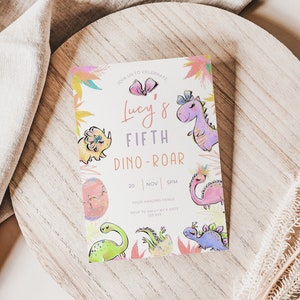 Cute girl dino 5th birthday invite, Dinosaur Birthday, five Rex, editable canva template, digital evite, pink, fifth, t-rex, safari,