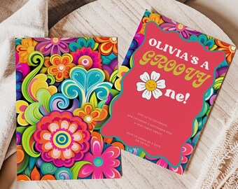 mint groovy invite, retro Daisy Rainbow, wave frame, 1st Birthday Hippie Party Invitation, editable canva Template, Instant Download, print