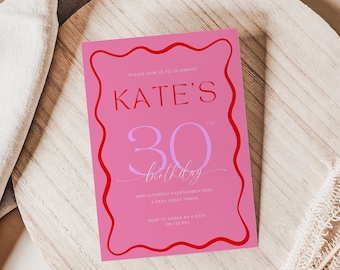 wave invitation template, 30th birthday invite, modern, RED pink curve frame, milestone, editable canva template, digital evite, printable