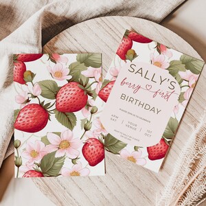 invite berry first birthday, Strawberry 1st bday invitation, pink party, instant download, editable canva template, printable, girl, evite