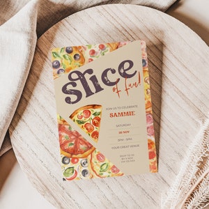 convites de primeiro aniversário de pizza, festa de pizza, fatia de diversão, nossa pequena almôndega, download instantâneo, modelo canva editável, impressão digital
