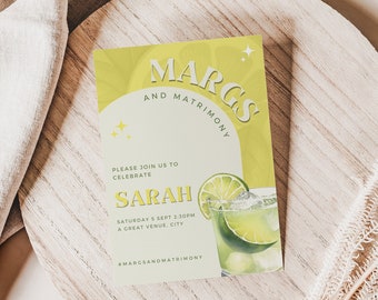 May include: A yellow and green invitation card with the text "MARGS AND MATRIMONY" in a retro font. The card also includes the text "PLEASE JOIN US TO CELEBRATE SARAH SATURDAY 5 SEPT 2:30PM A GREAT VENUE, CITY #MARCSANDMATRIMONY". The card features a lime wedge and a glass of a lime-based drink.